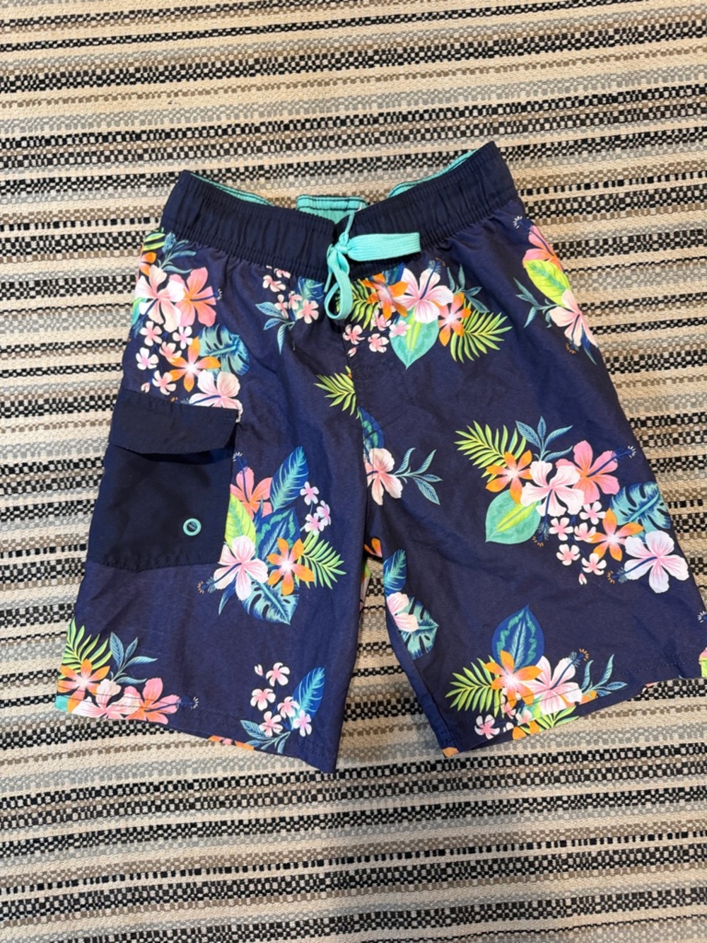 Cat & Jack Navy Floral Boys Swim Trunks with Teal Drawstring
